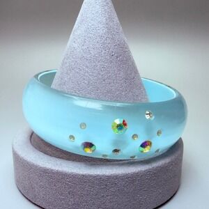 Chunky Blue Lucite Rhinestone Bangle Bracelet Size 8 Summer Spring